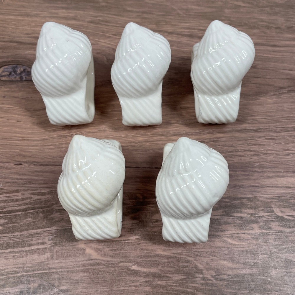 Set of 5 White Ceramic Seashell Napkin Rings‎ Coastal Beach Dining Table Decor